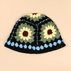 Vintage Flower Crochet Bucket Hat Hollow Out Knit Hat Y2K Beanie Fisherman Cap