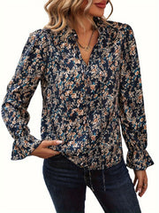  Ditsy Floral Print Ruffle Trim Blouse