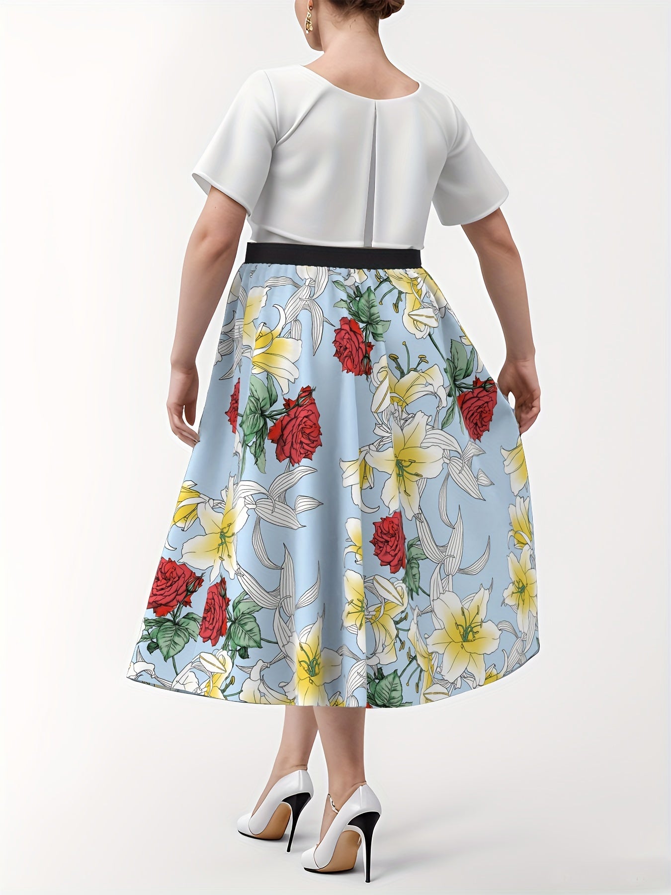  Skirt Women's Plus Rose & Lily Print Elastic High Waist Skirt