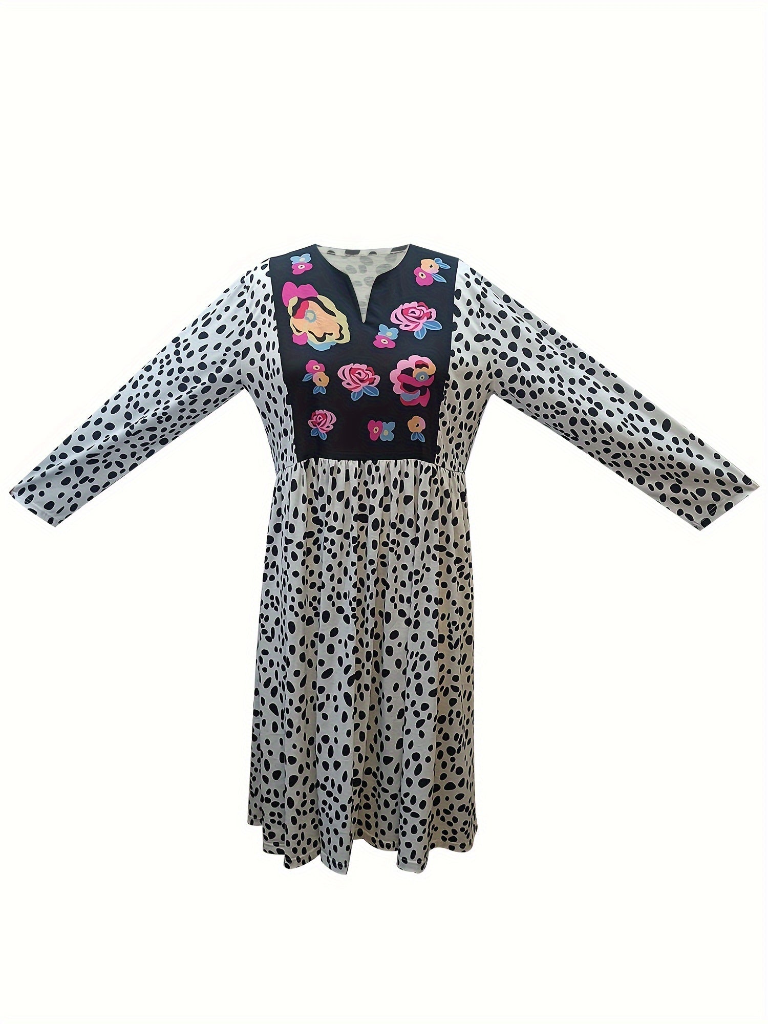  Boho Dress Colorblock Dot & Floral Print