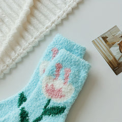 Floral Pattern Plush Socks Soft & Comfy Mid Tube Stockings