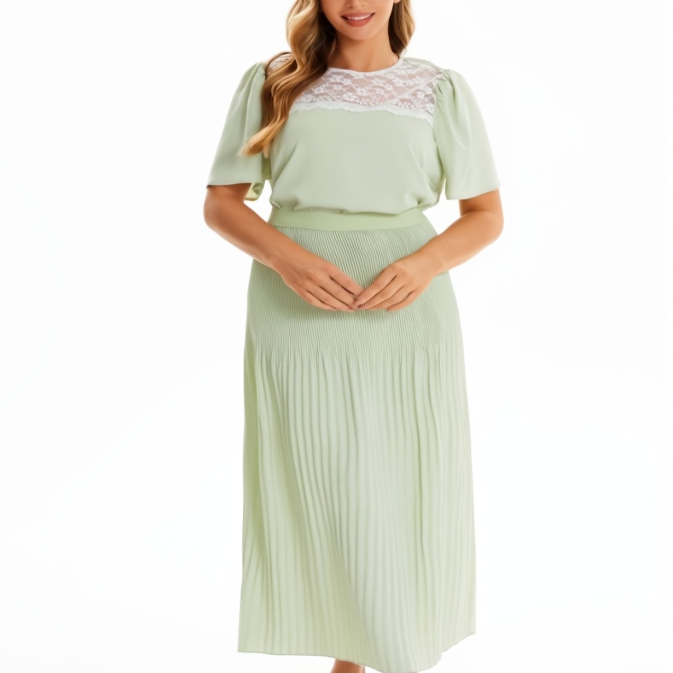  Lace Short Sleeve Tops & Pleated Maxi Skirt Set 2pcs Outfit