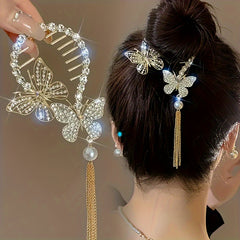 Golden Butterfly Tassel Hair Clip Rhinestones Bun Buckle Women Girls Party Decor