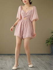 Pom Trim Cut Out Romper Jumpsuit Beach Short Sleeve Romper Jumpsuit