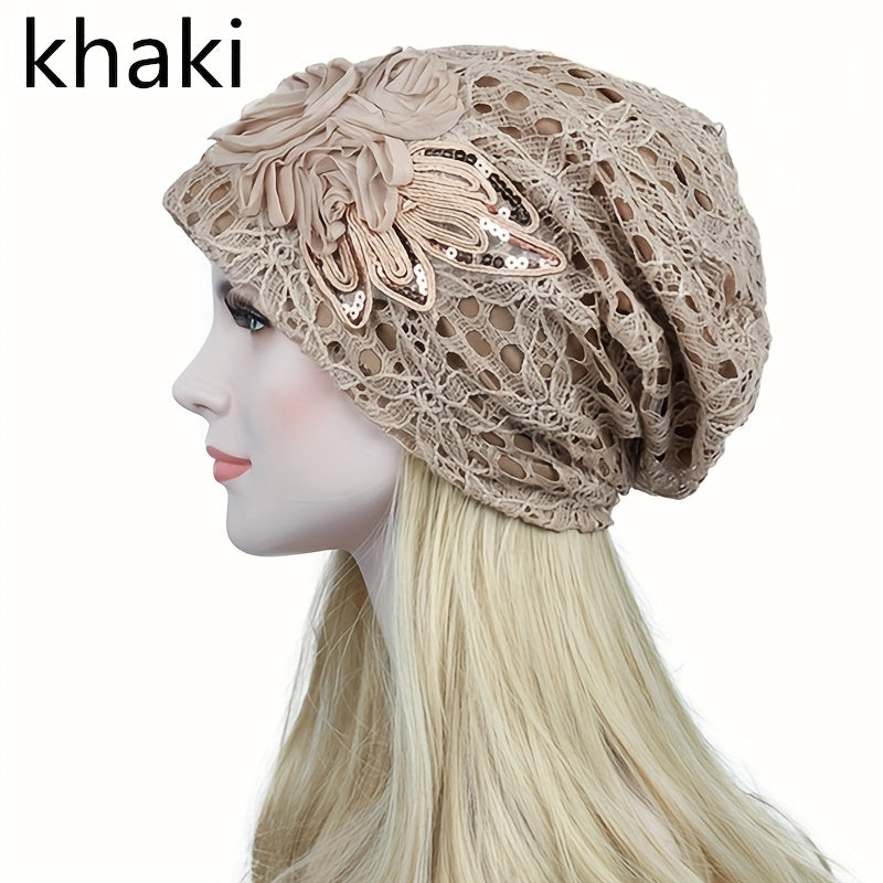Flower Decor Lace Beanie Solid Turban Hat Lightweight Chemo Cap