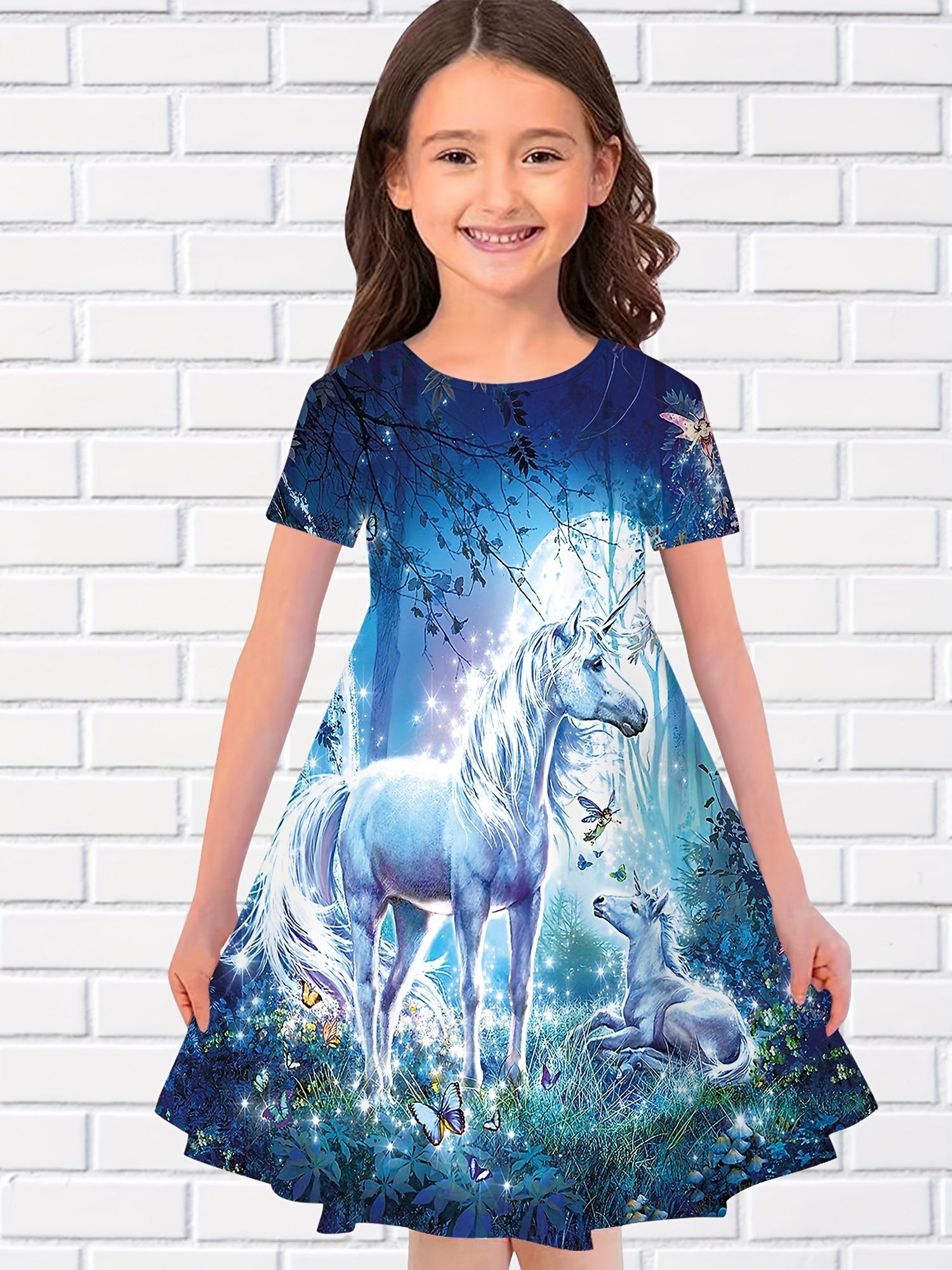 Girls Summer 3D Animal Long Dress Short Sleeve Princess Dress