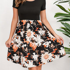Floral Short Sleeve Dress Crew Neck Spring Summer Women's Clothing