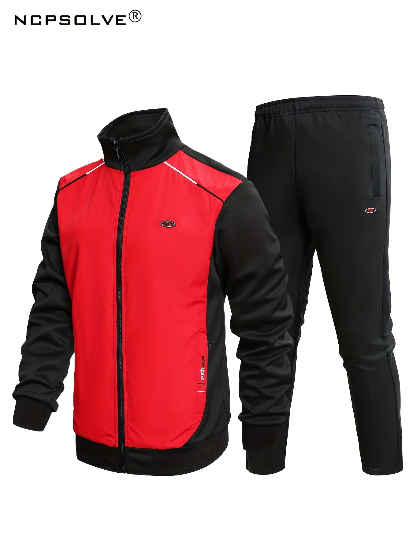 Men's Sports Suit Block Stand Collar Zip Up Jacket & Elastic Waist Pants