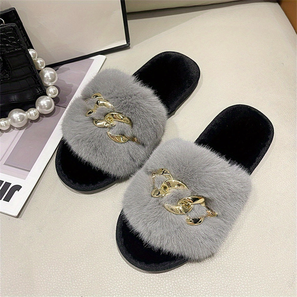 Women's Chain Decor Plush Slippers Faux Fur Indoor Warm Slip On