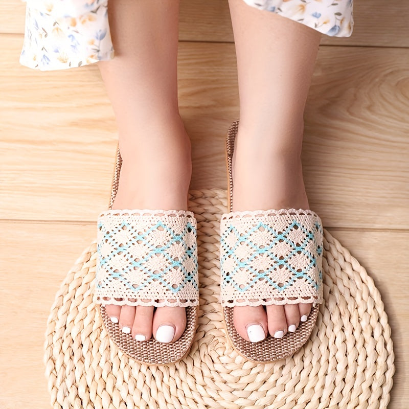 Women's Crochet Linen Slides Geometric Pattern Hollow Out Band Shoes