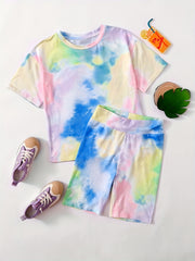Girls' Tie Dye Short Sleeve T Shirt & Biker Shorts Set Sports Casual Yoga