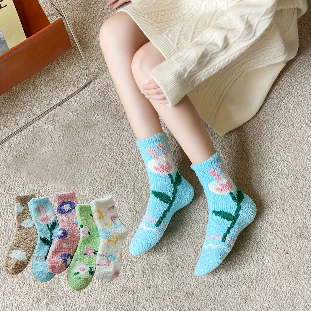 Floral Pattern Plush Socks Soft & Comfy Mid Tube Stockings