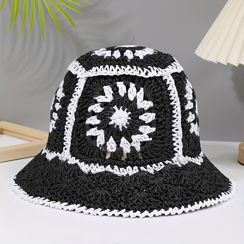 Women's Hollow Straw Bucket Sun Hat for Outdoor Travel Beach