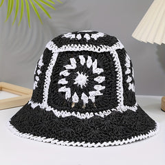 Women's Hollow Straw Bucket Sun Hat for Outdoor Travel Beach
