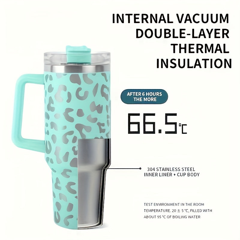 Leopard Print 40oz Insulated Tumbler w/ Handle & Straw Lid Stainless Steel