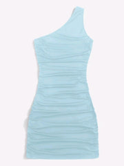 Y2K Solid One Shoulder Dress Bodycon Ruched Sleeveless Dress