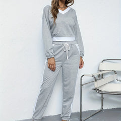  Colorblock Long Sleeve V Neck Crop Top & Joggers Set