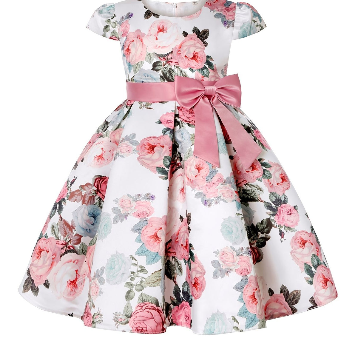 Floral Print Bowknot Short Sleeve Princess Dress