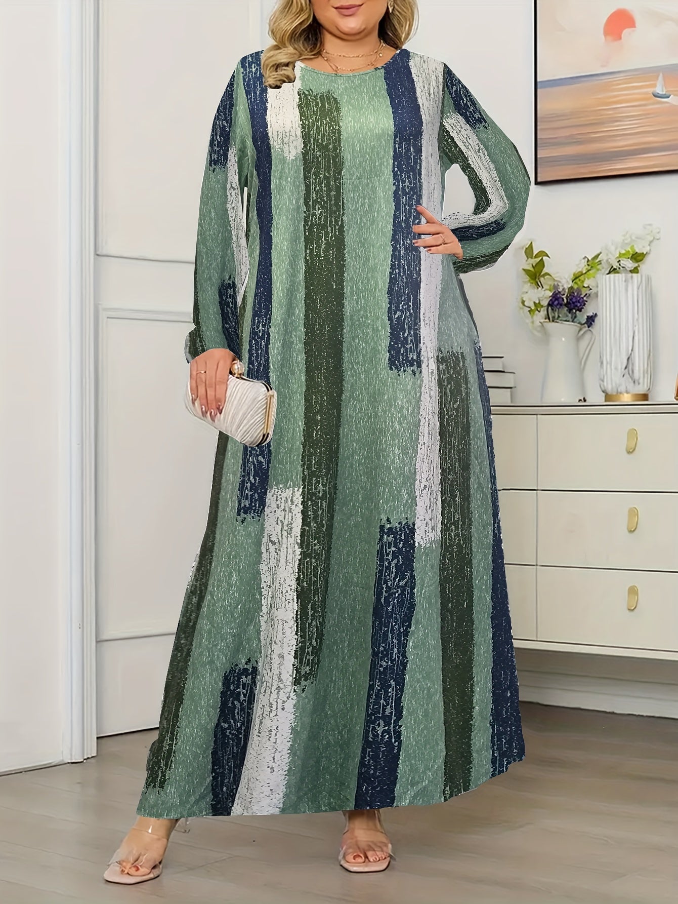  Brush Print Long Sleeve Maxi Dress