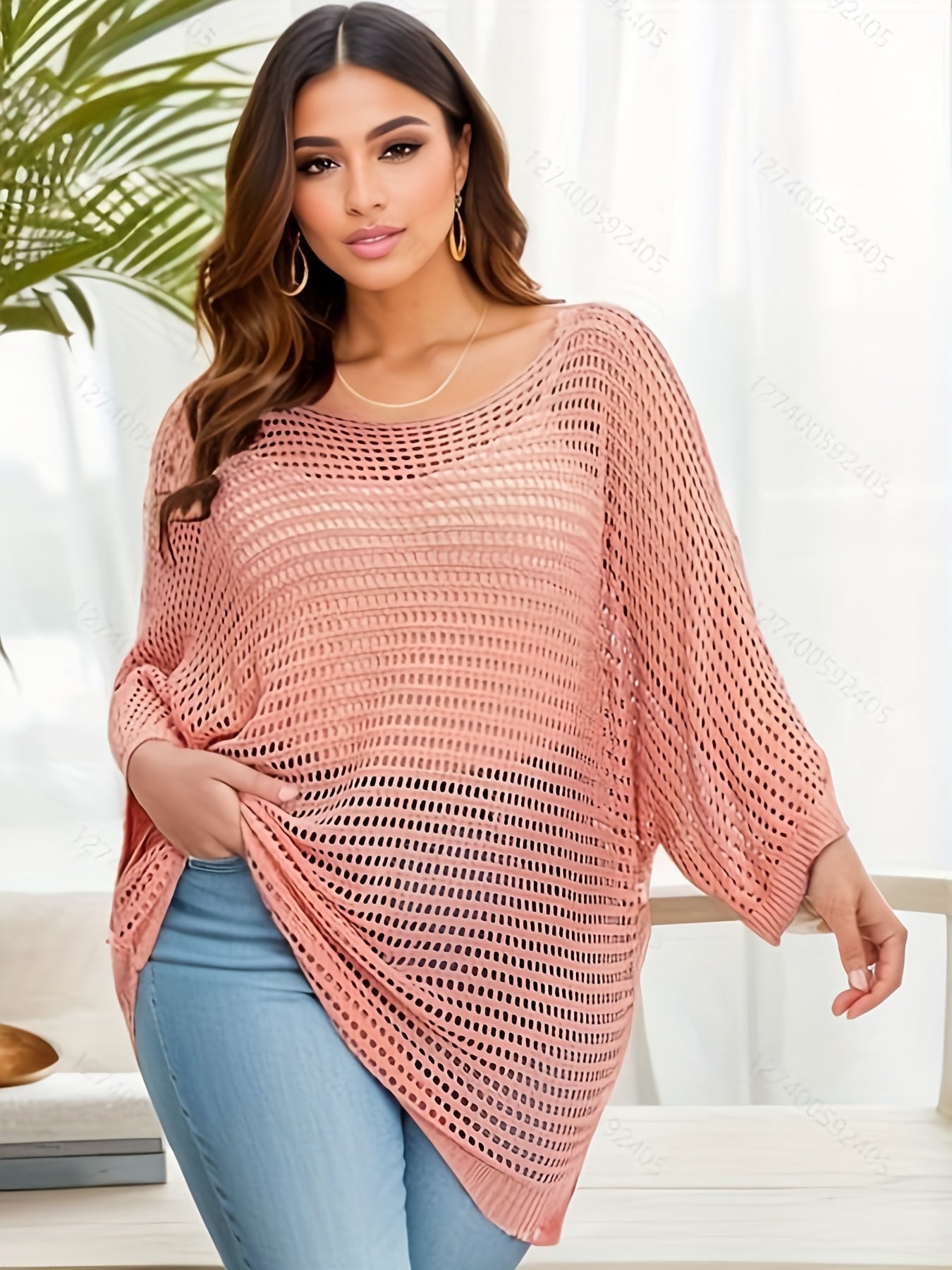  Casual Sweater Eyelet Embroidered Bat Sleeve