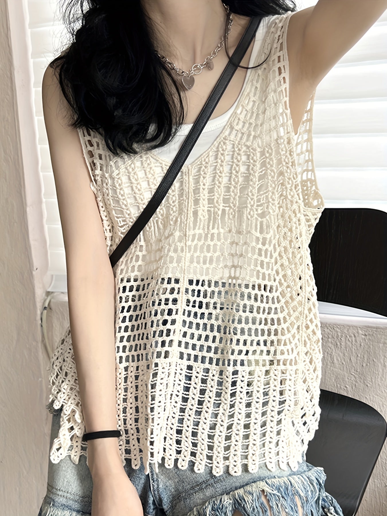 Crochet Cover Up Knitted Top V-neck Tank Top Women's Clothing