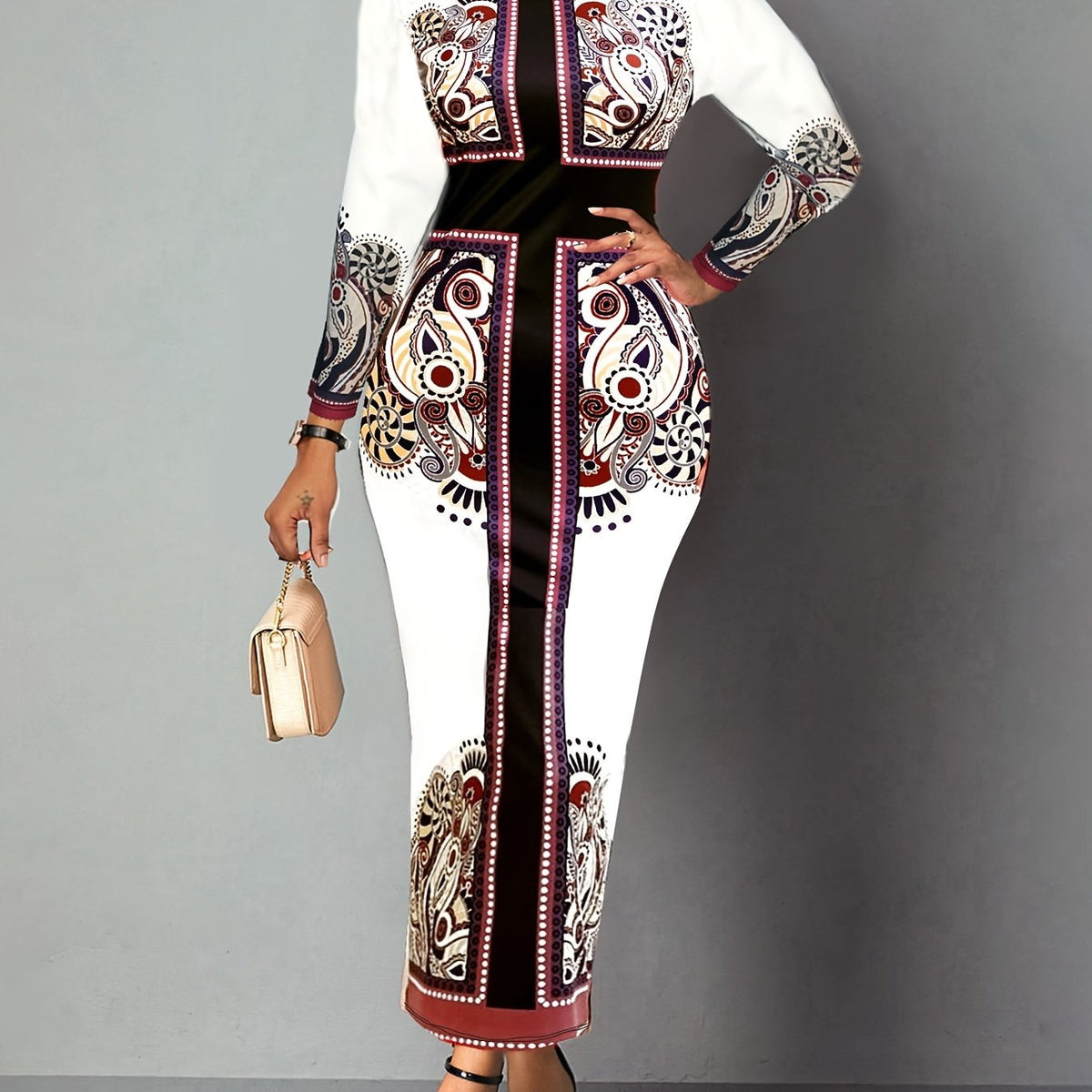  Cross & Paisley Print Long Sleeve Maxi Dress