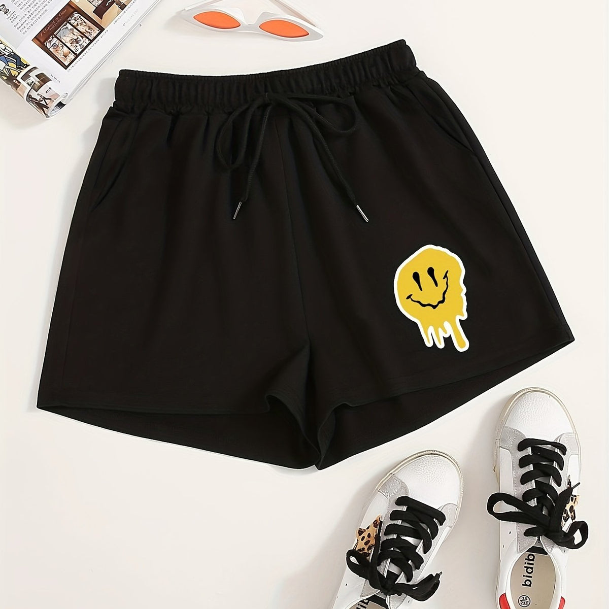 Smile Face Print Hotpants Yoga Drawstring Waist Shorts