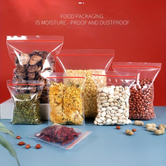 50pcs Ziplock Bags Transparent PE Plastic Red Edges Food Tea Fruit Vegeta