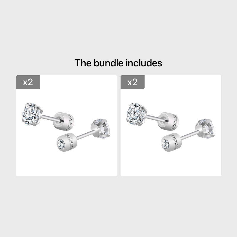 2 Pairs CZ Stud Earrings 6mm Stainless Steel Jewelry