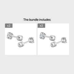 2 Pairs CZ Stud Earrings 6mm Stainless Steel Jewelry