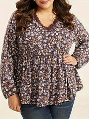 Ditsy Floral Print Lace Trim V Neck Peplum Top