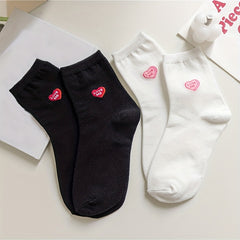 4 Pairs Heart Print Socks Comfy & Breathable Women's Stockings