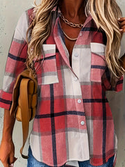  Plaid Print Long Sleeve Button Up Collar Shirt Top