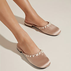 Pearl Decor Satin Mules Closed Toe Backless Loafers