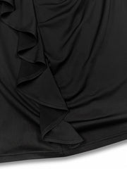  Solid Draped Ruffle Trim Bodycon Midi Dress