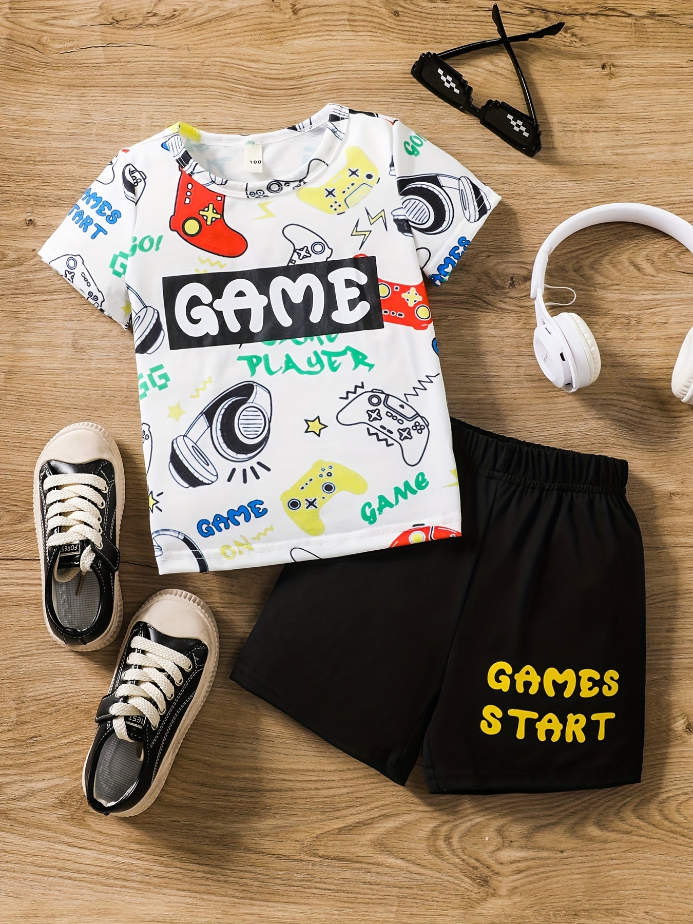 Boys Game Print Casual Outfit Round Neck T shirt & Shorts