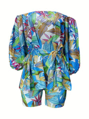  Leaf Print Off Shoulder Top & Shorts Set With Belt