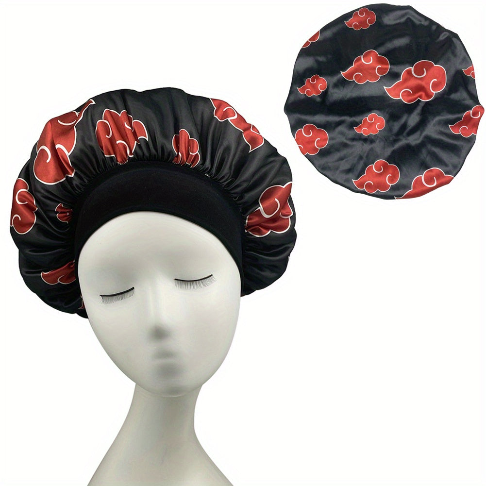 Red Cloud Printed Cosplay Bonnet Anime Shower Cap Satin Head Wrap Wide Headband
