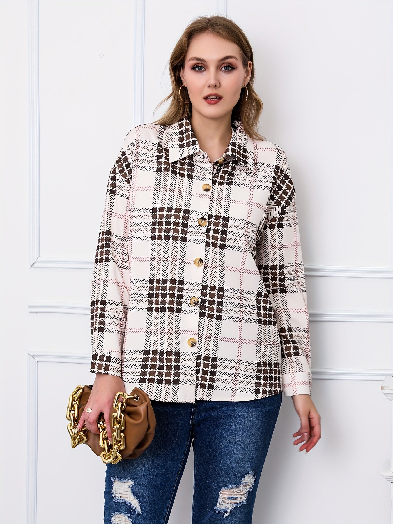  Casual Blouse Women's Plus Plaid Print Button Up Long Sleeve