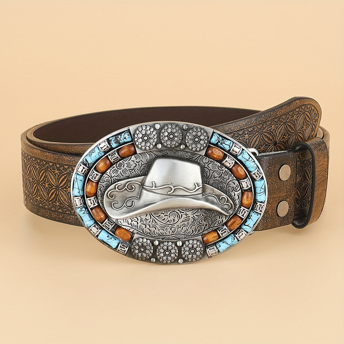 Western Cowboy Vintage Belt Embossed Leather Belt Bohemian Style Hat Buckle