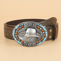 Western Cowboy Vintage Belt Embossed Leather Belt Bohemian Style Hat Buckle