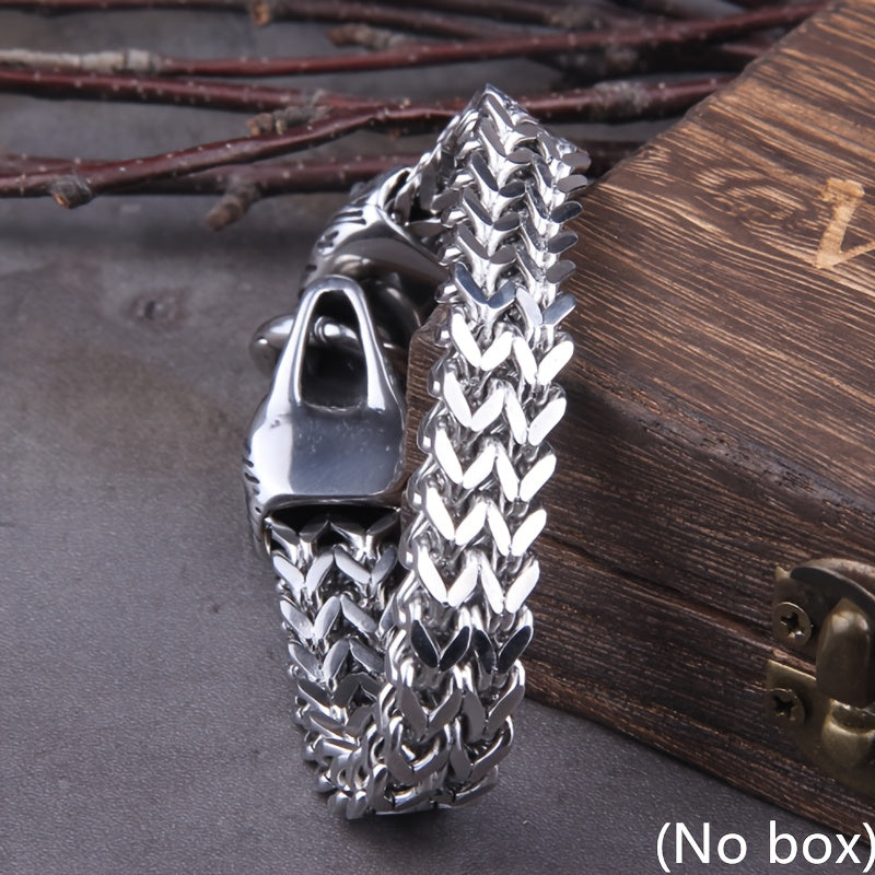 Viking Wolf Charm Bracelet Silvery Mesh Chain Men's Biker Jewelry