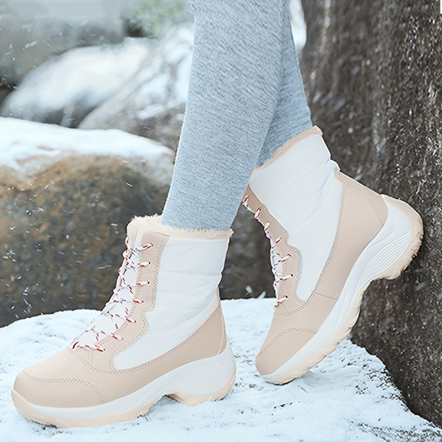 Women's Faux Fur Snow Boots Waterproof Anti-slip Lace-up Warm Mid Calf