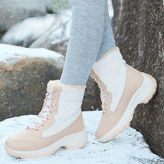 Women's Faux Fur Snow Boots Waterproof Anti-slip Lace-up Warm Mid Calf