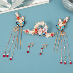 4pcs Butterfly Hairpin Earrings Set Flower Hair Accessories Women's Chinese Styl