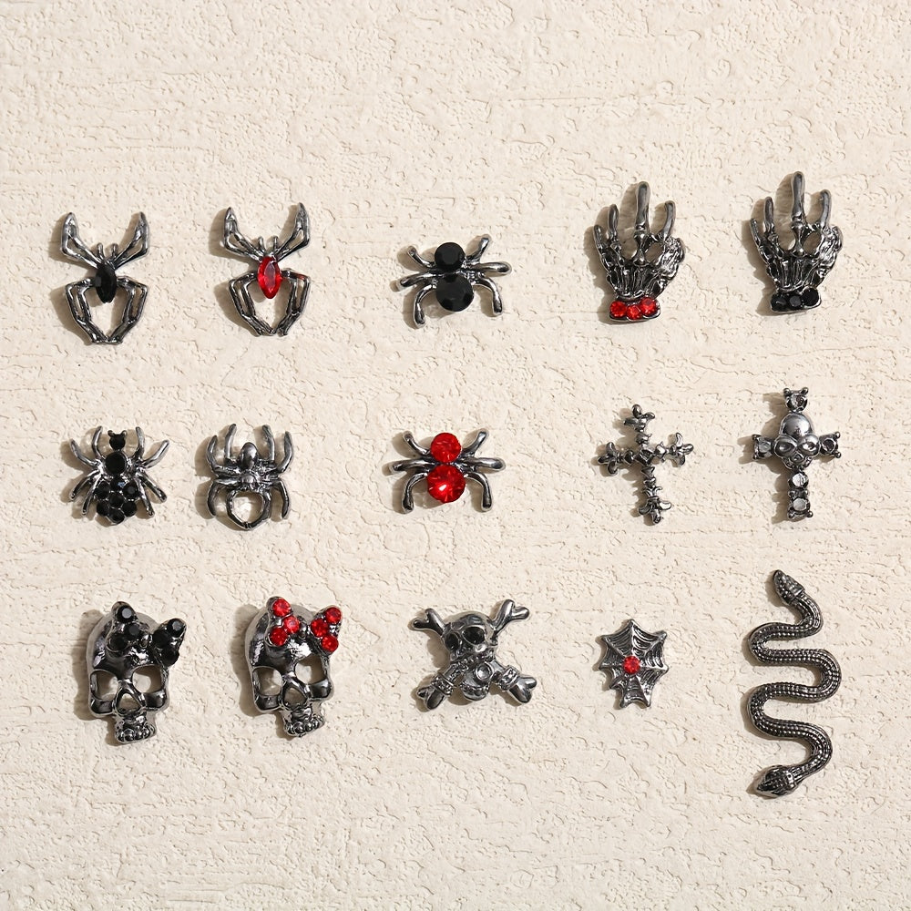 10pcs Halloween Nail Art Charms 3D Metal Spider Skeleton Cross Skull Nail Gem