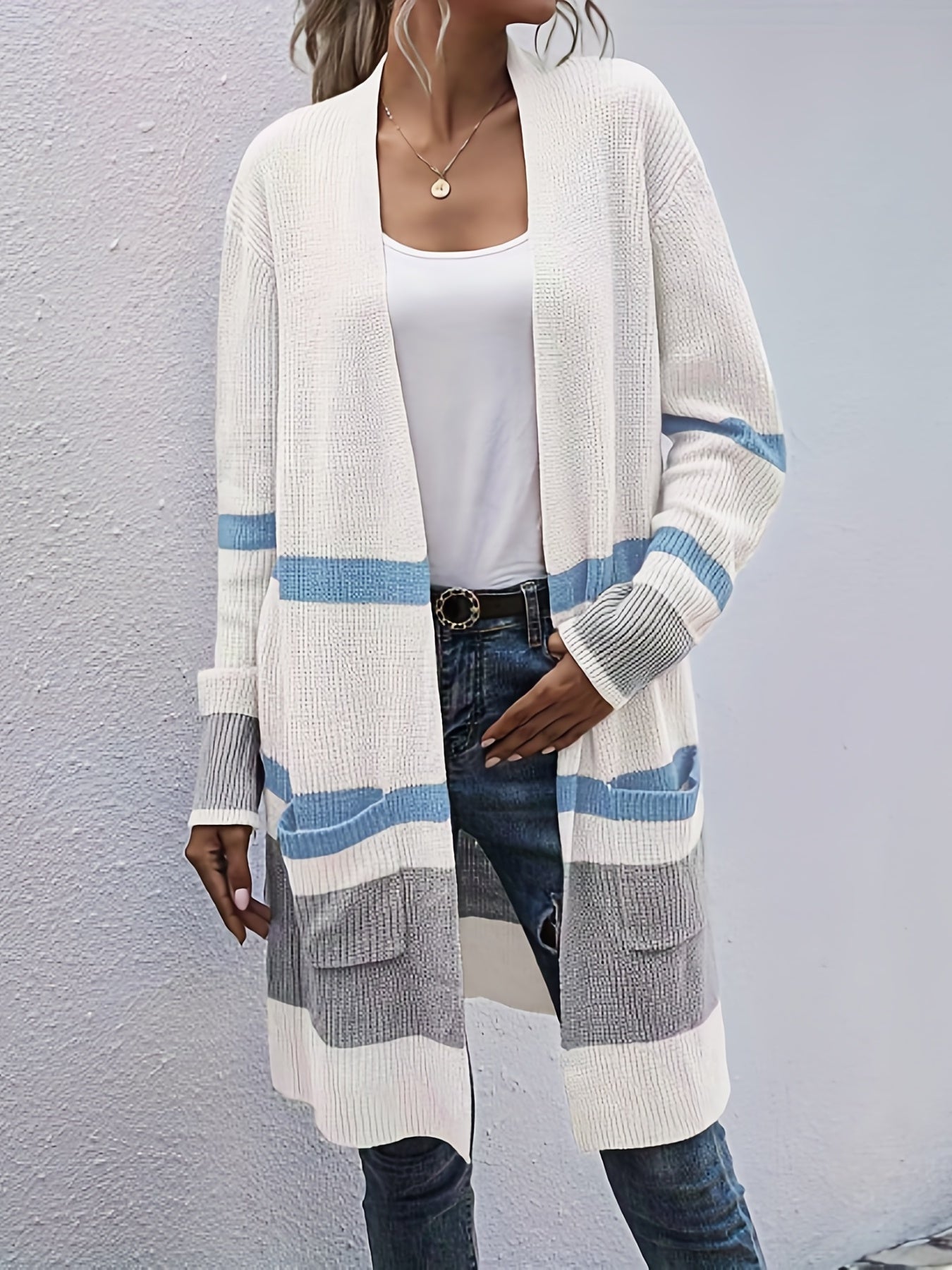  Colorblock Stripe Print Long Sleeve Cardigan