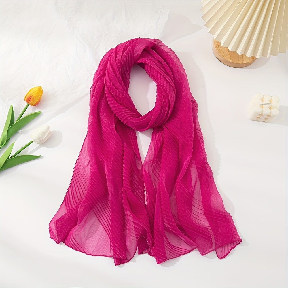 Solid Pleated Scarf Classic Hijab Casual Shawl Silk Bandana Women Neckerchief