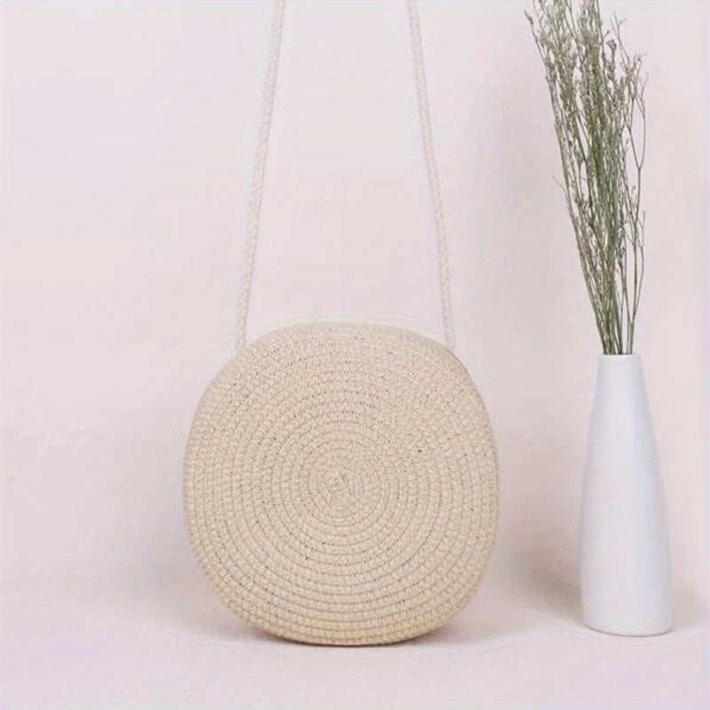 Straw Round Beach Crossbody Bag Solid Casual Summer Woven Handbag