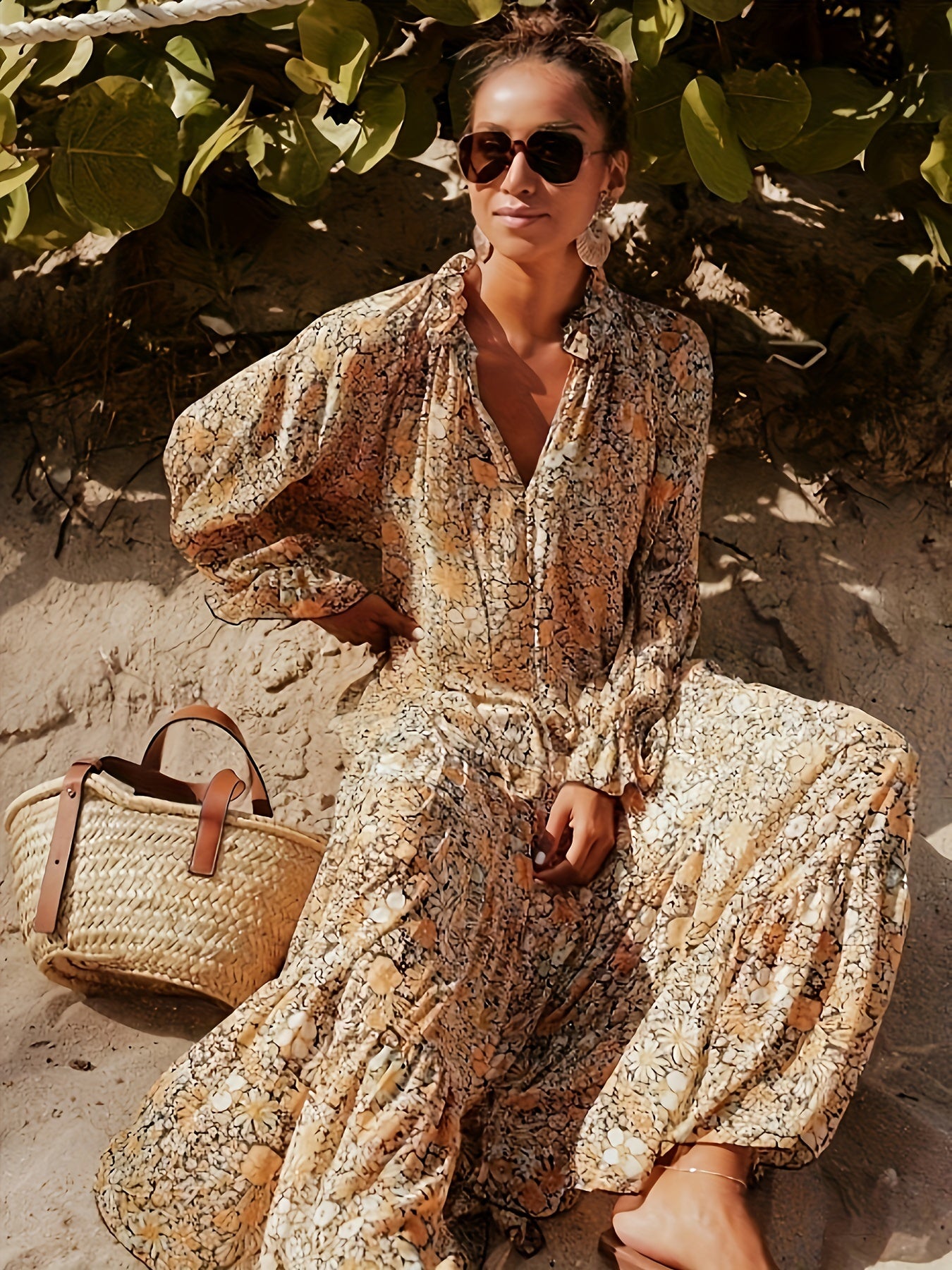  Boho Floral Print Lantern Sleeve Maxi Dress